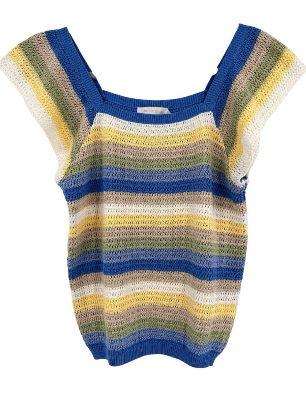ARTURO CALLE Women's Blue Yellow Stripe Square Neck Sleeveless Sweater NWT Large